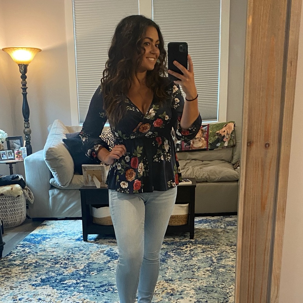 SHEIN Blue Floral | Boho Plunge Neck Casual Blouse | Size Small | 100% Polyester